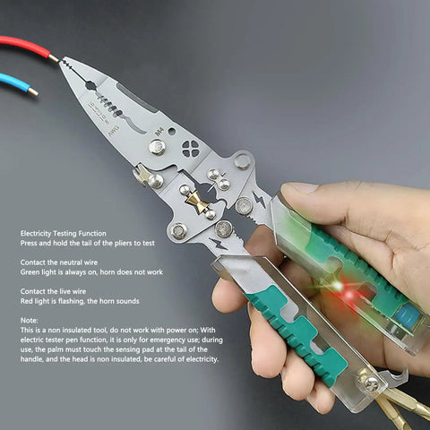 Top Notch Versatile Wire Stripper Pliers For Household Electrical Jobs showing steel construction and electricity testing function.