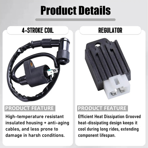 4-stroke coil and regulator from Beefed Up Ignition Coil 5 Pin CDI Box Solenoid Relay Voltage Regulator With Spark Plug Set For 50cc 70cc 90cc 110cc 125cc ATVs Dirt Bikes Go Kart Mopeds Scooters