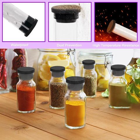 Must-Have Silicone Hole Plug Set With Fifty One Pieces In Six Sizes Eight Point Three Mm, Ten Mm, Fifteen Mm, Nineteen Mm, Twenty One Mm And Twenty Six Mm T Shaped Rubber Stoppers For Waterproof Snap On Bottle Seal Black shown sealing spice jars, dust prevention, waterproofing, and heat resistance.