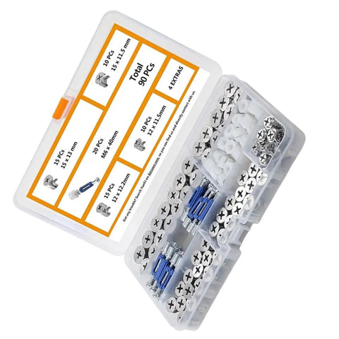 90 Piece Heavy Duty Furniture Cam Locks And Eccentric Wheel Nuts Kit With Storage Case, various sizes and connectors for DIY assembly.