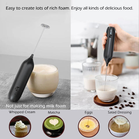 Badass Rechargeable Milk Frother Wand With Usb C Charging For Instant Velvety Foam On Lattes And Matcha Portable Electric Drink Mixer Whisk Blender For Cappuccino Frappes And Hot Chocolate Making Barista Level Magic Every Day, shown mixing drinks.