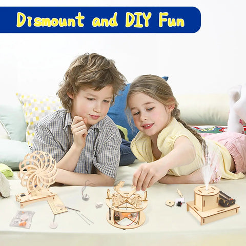 Two kids assembling models from Six In One STEM Kit For Kids Ages Eight To Twelve With 3D Puzzles Building And Engineering Models.