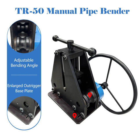 Dinenovate Tr-50 Manual Pipe Bender 1.5 Inch Tubing Roller with large handwheel and adjustable bending angle for metalworking.