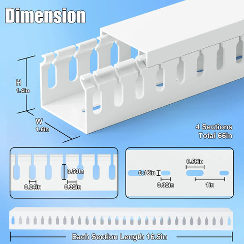 Dimensions of 66 Inch Open Slot Cable Management Raceway Kit for Under Desk Setup, 1.4 in height, 1.6 in width, 16.5 in per section.