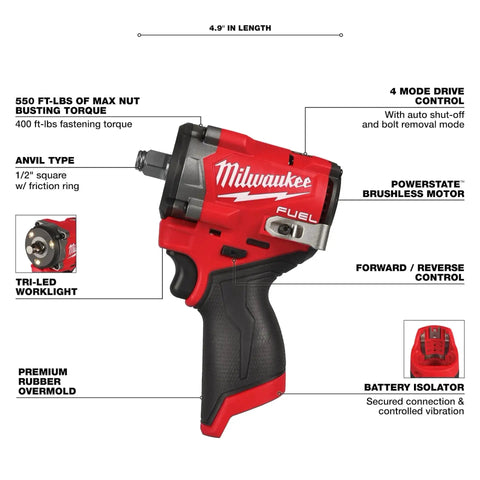 Stubby Half Inch Cordless Impact Wrench, Ultra-Compact 4.9 Inch Length, 250 Ft-Lbs Breakaway Torque, Maximum Access In Tight Spaces