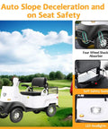 White 2-Passenger Electric Golf Cart Cruiser With Powerful 800W Motor Reaching 12 Mph Top Speed And Generous Storage Trunk For Convenience uses auto slope deceleration and showcases safety features.