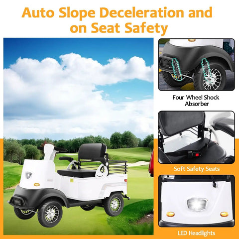 White 2-Passenger Electric Golf Cart Cruiser With Powerful 800W Motor Reaching 12 Mph Top Speed And Generous Storage Trunk For Convenience uses auto slope deceleration and showcases safety features.