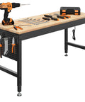 60 Inch Heavy Duty Workbench Built To Haul 2000 Lb Capacity With Rubber Wood Top, Pegboard, And Built In Power Outlets, tools displayed