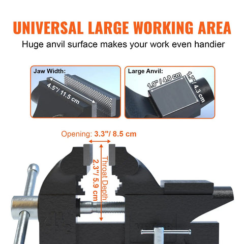 Diagram of Built Tough Cast Iron Vise With Anvil, 4.5 Inch Jaw Width And 3.3 Inch Opening, showing measurements for features