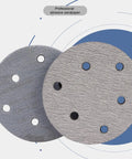 100 Piece Assortment Of 5 Inch Sanding Discs With 6 And 8 Hole Hook And Loop Design Fits Random Orbital Sanders For Heavy Duty Woodworking Projects Featuring Durable Corundum Paper That Resists Clogging And Delivers Slick Smooth Finishes Across All Grit, showing two sanding discs with holes.