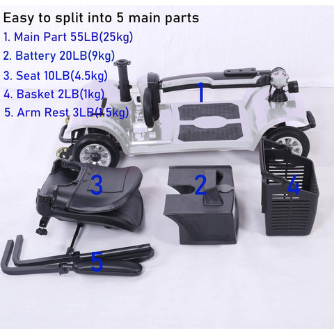 Four Wheel Electric Mobility Scooter disassembled showing 250W Motor, 24V Battery, 350 Lbs Capacity, big comfy seat, and basket.