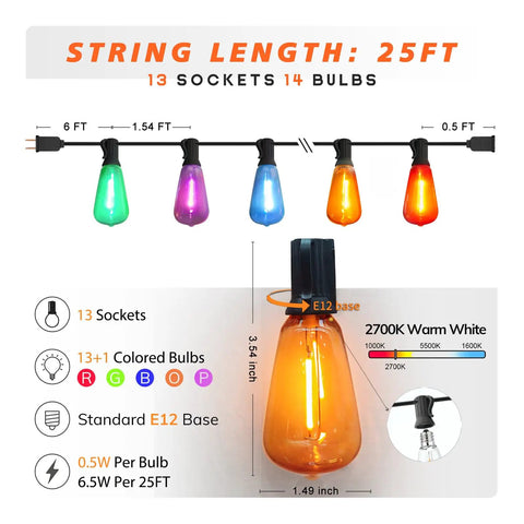 Multicolor Outdoor String Lights 100Ft LED Patio Lights With 55 Shatterproof Edison Bulbs Rainbow Colors For Patio Bistro Display