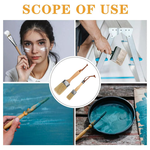 Two Piece Wood Handle Deck Paint Brush Set With Synthetic Bristles For Staining Fence And Wall Oval Shaped Professional Painting Brushes For Wood Decking And Home Renovation, showing brushes and uses