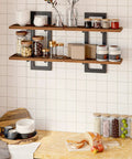 Heavy Duty Floating Wall Shelves 15 Inch 2 Tier Set 2 Rustic Brown Black mounted above kitchen counter with jars and decor.
