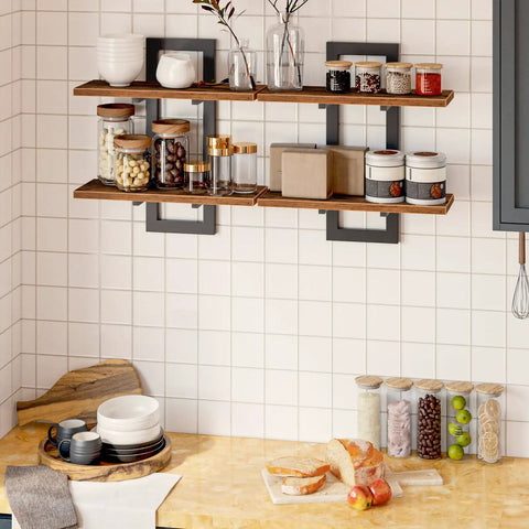 Heavy Duty Floating Wall Shelves 15 Inch 2 Tier Set 2 Rustic Brown Black mounted above kitchen counter with jars and decor.