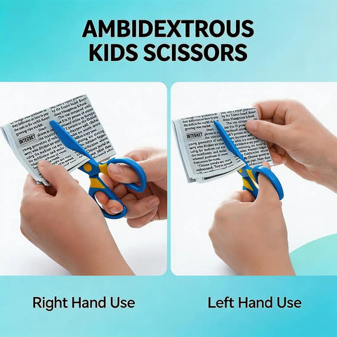 Ambidextrous use of 3 Pack Toddler Safety Scissors Kit With Child Safe Preschool Training Scissors And 60 Sheets Craft Paper