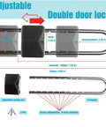 Adjustable all metal double door locking bar for inswing and outswing doors, keyed lock, U-shaped barrier, prevents forced entry.