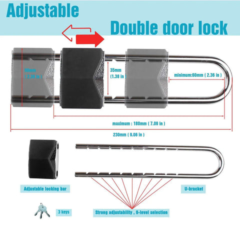 Adjustable all metal double door locking bar for inswing and outswing doors, keyed lock, U-shaped barrier, prevents forced entry.