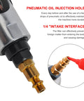 Pro Grade 1/4 Inch Air Angle Die Grinder With Built In Regulator And Variable Speed Throttle showing oil injection hole and intake interface.