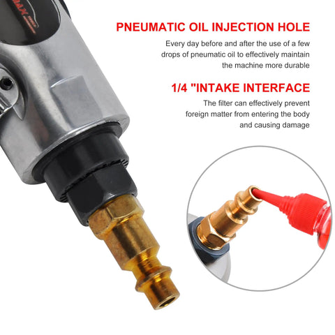 Pro Grade 1/4 Inch Air Angle Die Grinder With Built In Regulator And Variable Speed Throttle showing oil injection hole and intake interface.