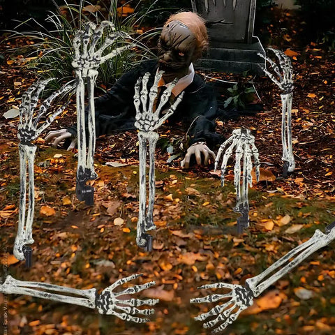 10 Pack Realistic Skeleton Arm Decorations For Garden And Lawn Halloween Decor set up with zombie figure and tombstone