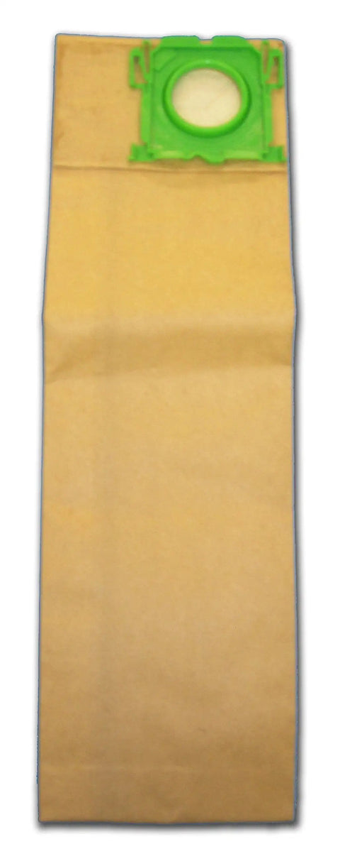Front view of a micro filtration vacuum bag for Windsor Sensor Versamatic Plus and Sebo Uprights, paper material, green collar.