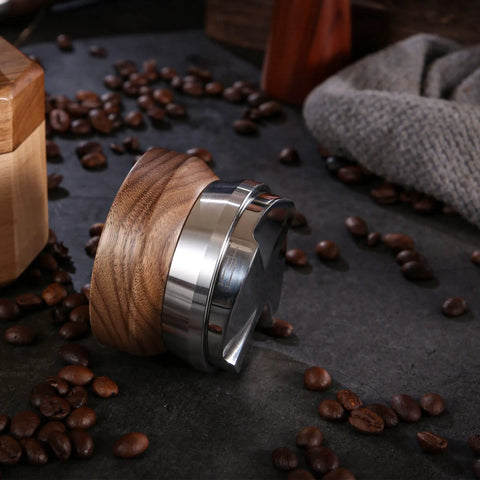 58.5mm Coffee Distributor With Walnut Wood Handle, Espresso Distribution Tool on table with coffee beans