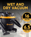 Beast Series 16 Gallon Wet/Dry Shop Vac With 6.5 HP Motor on display, featuring kink-resistant hose and high-efficiency filter.