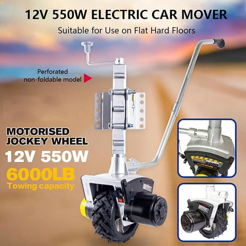 Gesaides Electric Trailer Mover Dolly With 550W Motor showing motorized jockey wheel for easy maneuvering with 6000lb towing capacity.