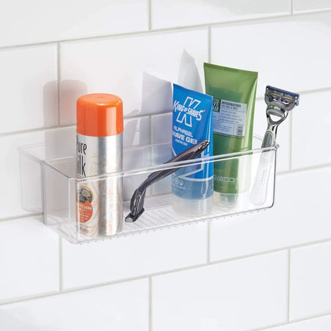 Clear Plastic Wall Mount Organizer Shelf For Kitchen Bathroom Office Bedroom Garage And Craft Room 3 By 11 By 3.25 Inches All In One Durable Storage For Spices Gadgets Meds Tools And More holding toiletries on a tiled wall.