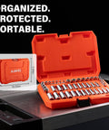 Open orange case of Forty Seven Piece One Quarter Inch Drive Socket Set With Deep And Shallow Sockets Beefy SAE 5/32 To 9/16.