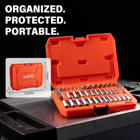 Open orange case of Forty Seven Piece One Quarter Inch Drive Socket Set With Deep And Shallow Sockets Beefy SAE 5/32 To 9/16.