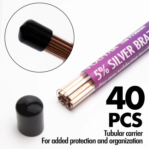40 Sticks BCuP-3 Silver Brazing Rods For HVAC Pros And Refrigeration, 5 Percent Silver Solder On Phos Copper Alloy, Flat 10 Inch Welding Rods, 0.050 Inch Diameter, Great Fluidity, Strong Hermetic Seal For Air Conditioning And Cold Storage, tubular carrier