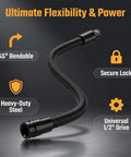 One Half Inch Flexible Shaft Extension With Universal Wrench Adapter Set 10 Inch And 14 Inch Heavy Duty Chrome Vanadium Tool shown bent at 45°.