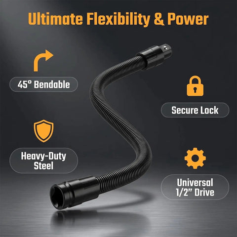 One Half Inch Flexible Shaft Extension With Universal Wrench Adapter Set 10 Inch And 14 Inch Heavy Duty Chrome Vanadium Tool shown bent at 45°.