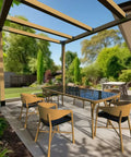 Outdoor pergola with wooden beams and seating area in a garden setting.