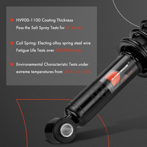 Close-up of rear towing shocks absorbers with coil spring load adjustable system, durability features highlighted.