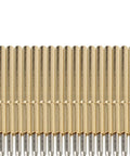 Close-up of 100 Pcs Spring Test Probe Pin Set P75-B1 Brass Tips For PCB Testing, aligned conical 1.4mm heads, and 1.02mm needles.
