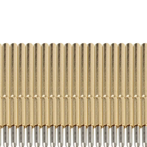 Close-up of 100 Pcs Spring Test Probe Pin Set P75-B1 Brass Tips For PCB Testing, aligned conical 1.4mm heads, and 1.02mm needles.