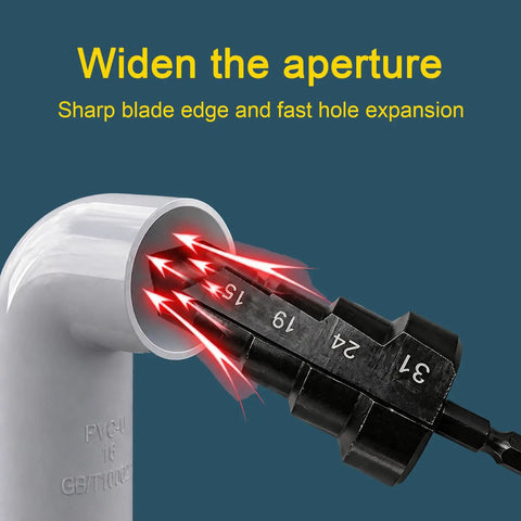 Three Piece PVC Pipe Threader Kit With Step Drill Reamer showing hex shank drill attachment widening PVC pipe aperture