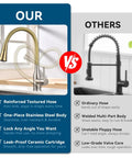 360° Swivel Kitchen Faucet, Pull Down Silicone Faucet with Reinforced Hose, Gold, stainless steel body, anti-kink hose comparison.