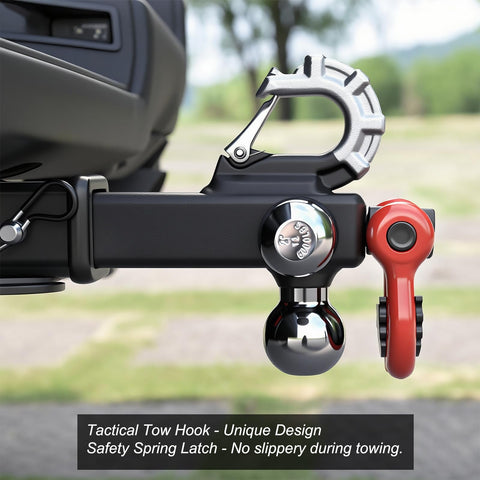 Tri Ball Trailer Hitch Mount With Swivel Tow Shackle And Hook For 2 Inch Receiver Chrome Trailer Balls In 1-7/8 Inch 2 Inch And 2-5/16 Inch Sizes Go To Heavy Duty Gear With 5/8 Inch Hitch Pin, tactical tow hook visible.