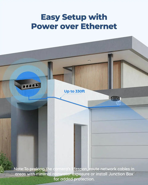 4K PoE Security Camera System With Dual Outdoor Cameras installed on a modern home showcasing easy Power over Ethernet setup.