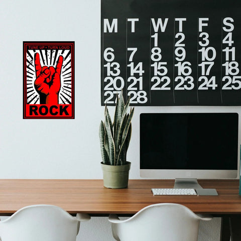 Xanovir music tin sign, red/black rock hand graphic with Tune Up Turn Loud and ROCK label
