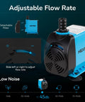 Ultra Quiet 800 GPH Submersible Water Pump With Adjustable Flow Easy Install shown with flow rate control and detachable filter