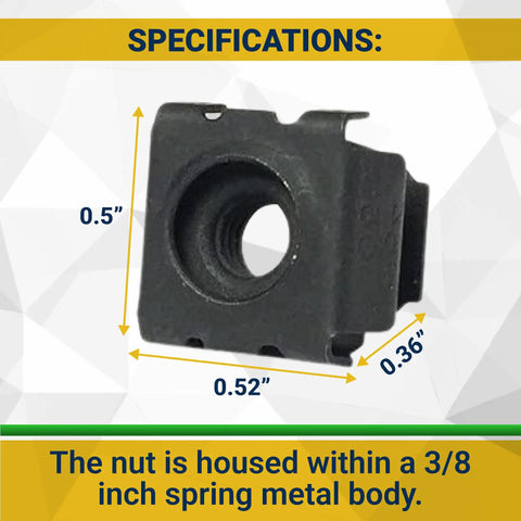 Top Shelf Heavy Duty Black 10-32 Cage Nuts Bulk Pack For Server Rack And Telecom Equipment Snap In Mounting Hardware No Sweat Rack Setup Gear 100 Count showing specifications and dimensions.