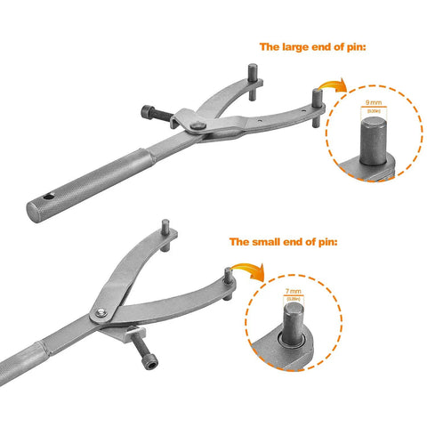 Adjustable Locking Spanner Wrench for Clutch Removal on Scooters and Motorcycles, showing large and small pin details.