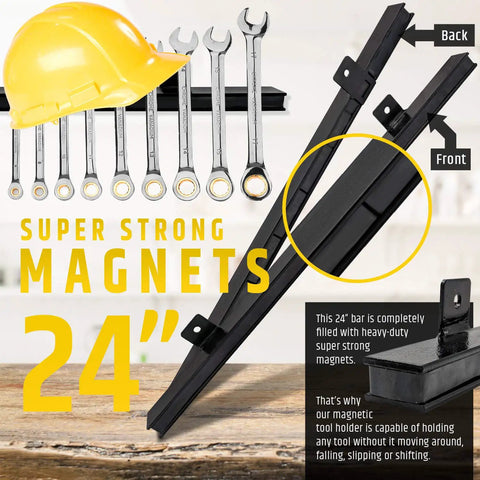24 Inch Heavy Duty Magnetic Tool Holder Upgraded With Extra Strength Magnets holding wrenches and a yellow helmet