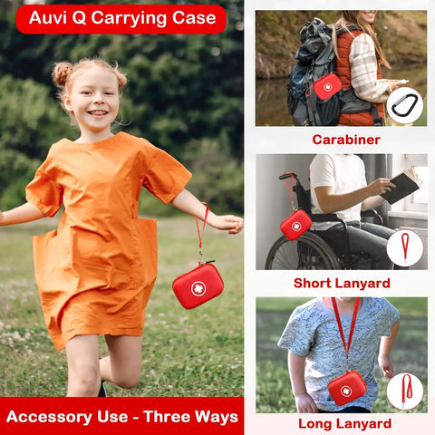 Auvi Q Carrying Case For Two Auto Injectors Emergency Bag with Carabiner and Lanyard displayed in various use scenarios.