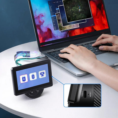 WiFi Telescope Camera Eyepiece With 4.3 Inch Screen connected to laptop, showing versatility for telescopes and microscopes